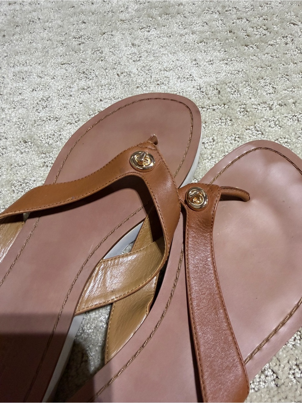 Coach Brown Leather Thong Sandals with Gold Logo Accent